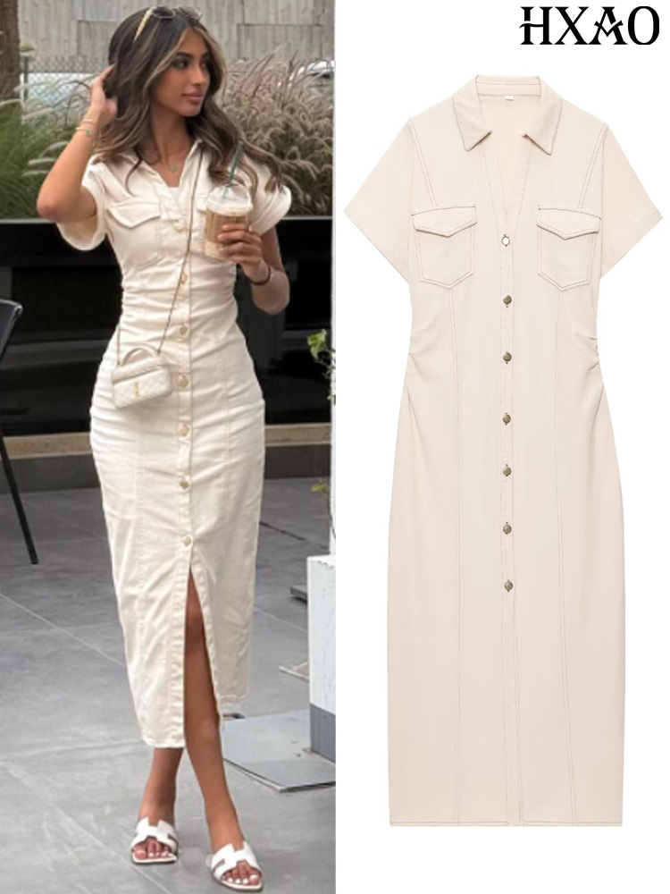 Women Formal Office Wear Tops - فستان نسائي من قماش الدنيم HXAO