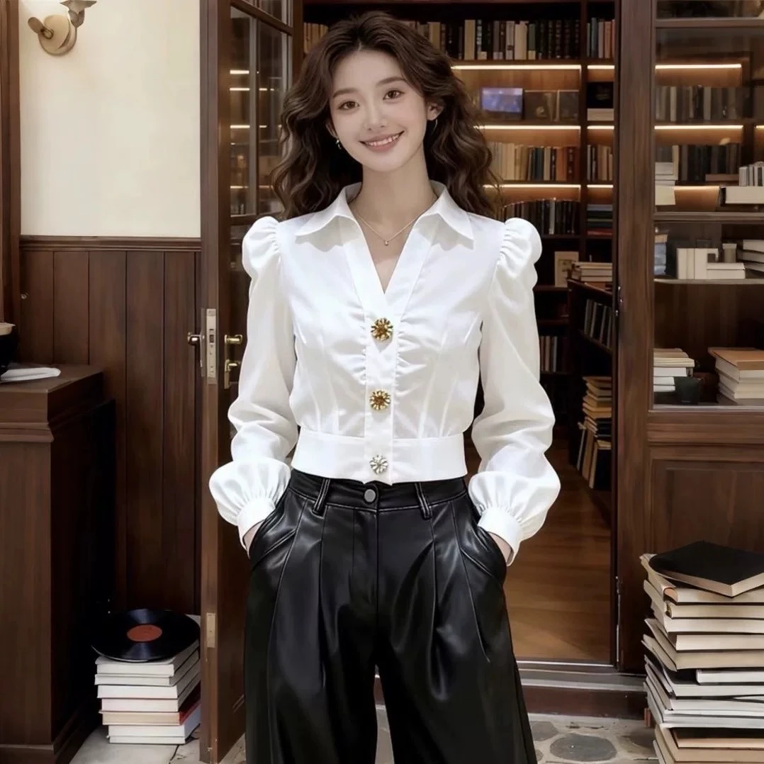 Women Formal Office Wear Tops - قميص أبيض أنيق برقبة على شكل