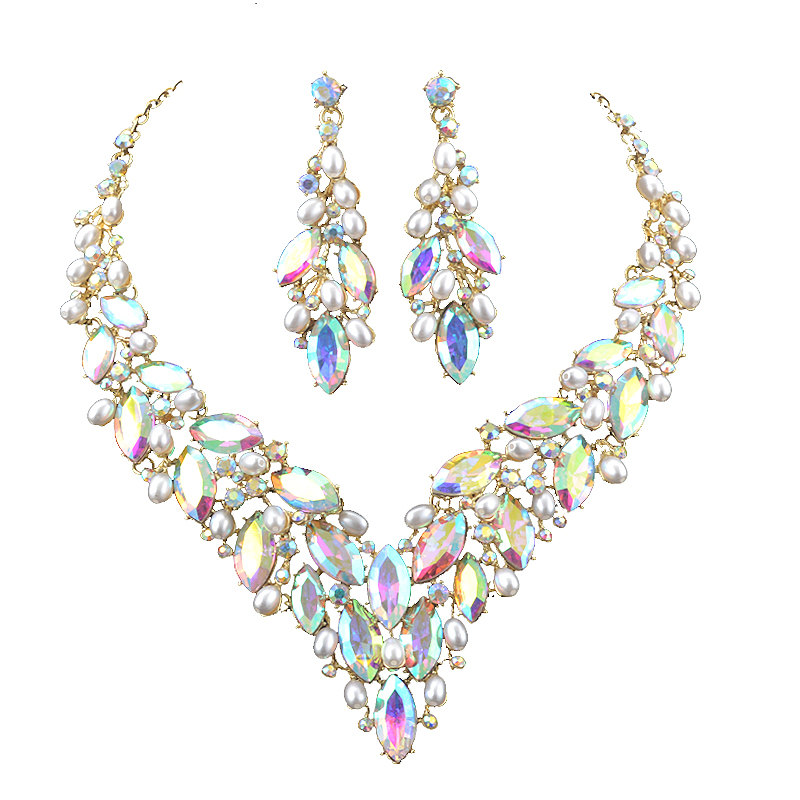 Pearl Necklace Set - حساسة الذهبي اللؤلؤ كريستال قلادة للنساء