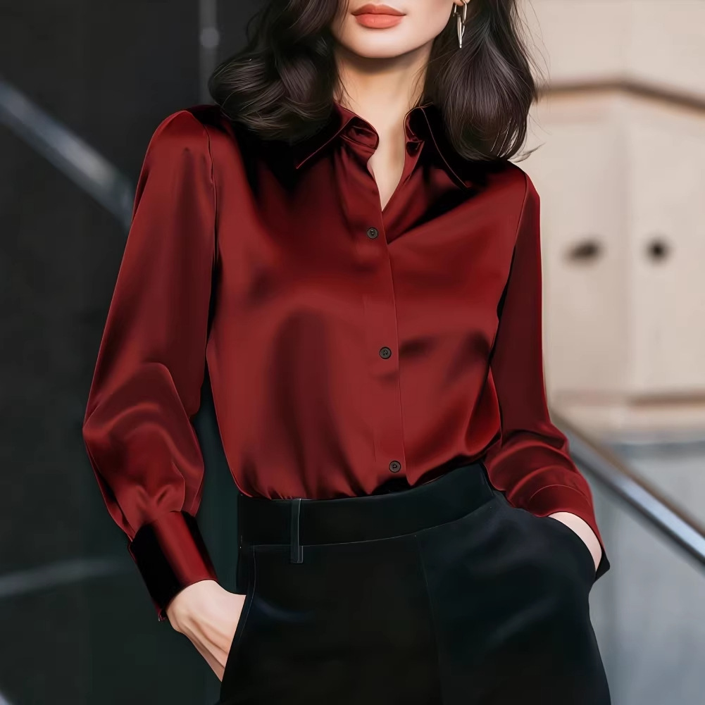 Women Formal Office Wear Tops - بلوزة نسائية بياقة ساتان وأزرار أمامية