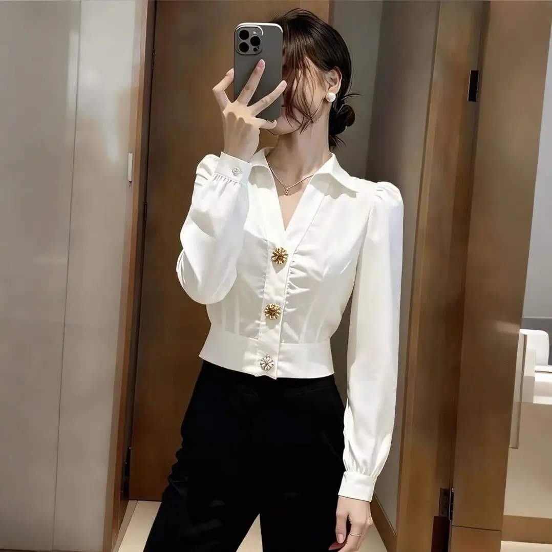 قميص أبيض أنيق برقبة على شكل V - مراجعة Women Formal Office Wear Tops وسعره