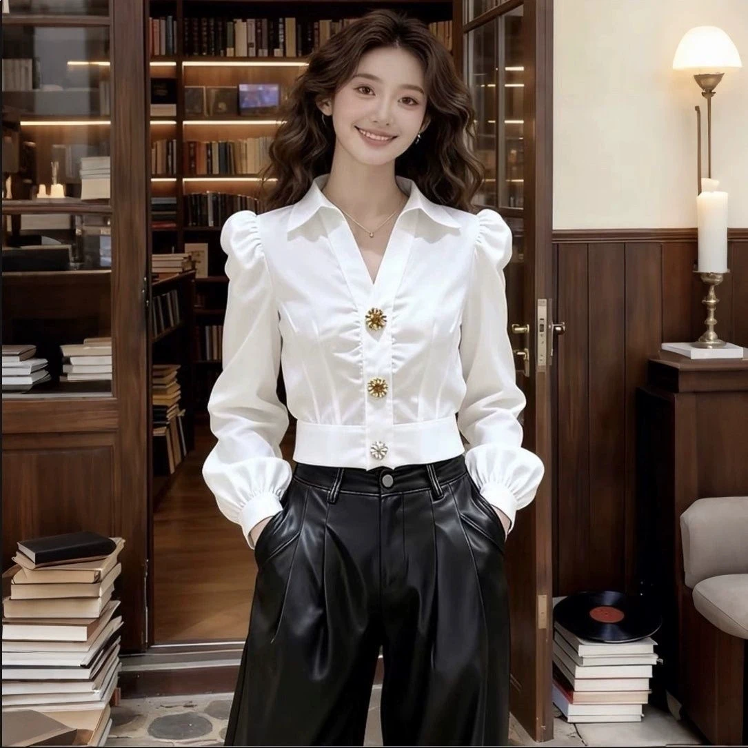 قميص أبيض أنيق برقبة على شكل V - مراجعة Women Formal Office Wear Tops وسعره
