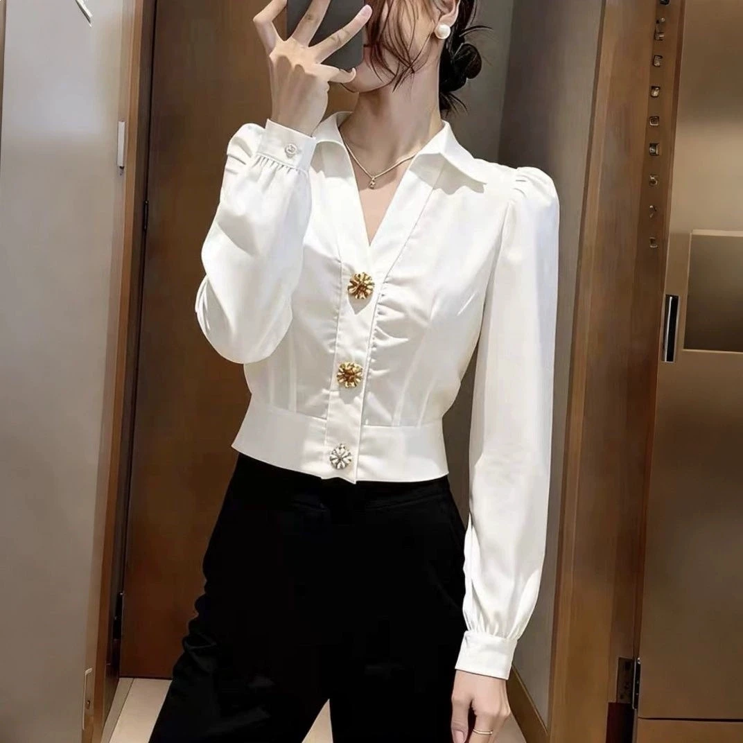 قميص أبيض أنيق برقبة على شكل V - مراجعة Women Formal Office Wear Tops وسعره
