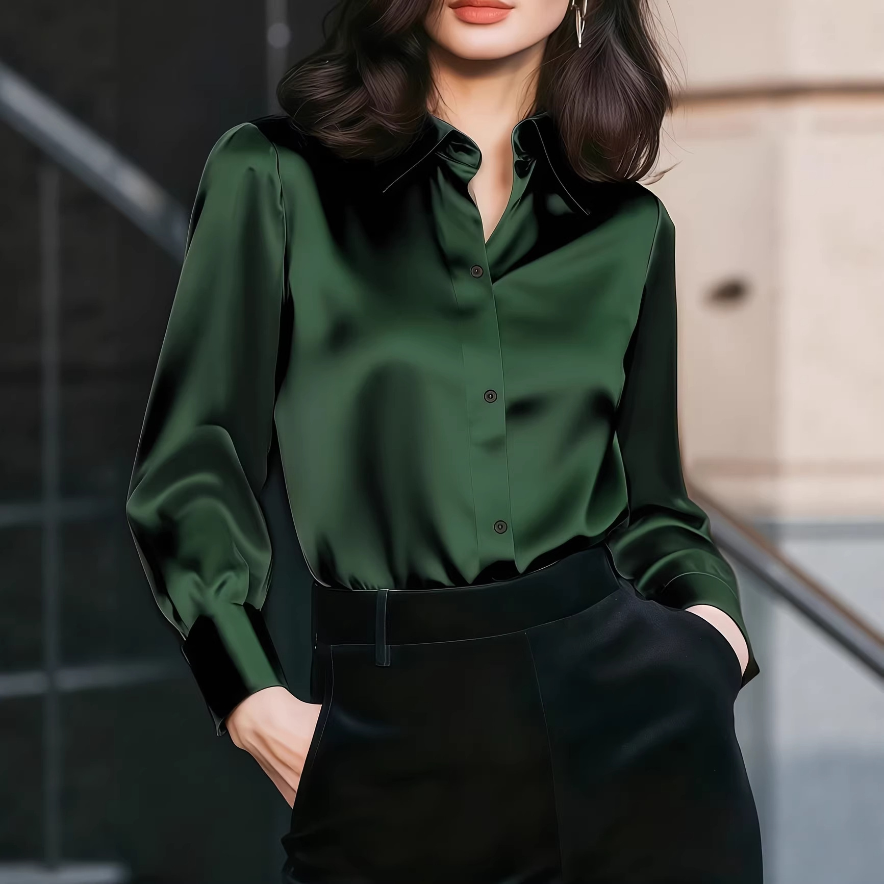 بلوزة نسائية بياقة ساتان وأزرا - مراجعة Women Formal Office Wear Tops وسعره